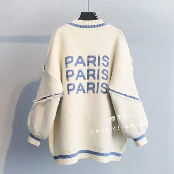 Korean Version Loose English Letter Fashion Thickened Knitted Mid Length Sweater Cardigan Coat - Image 7