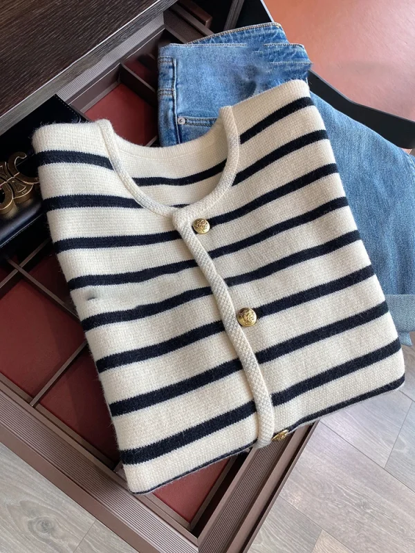 Women Spring Autumn Sweaters O-neck Stripe Knitted Cardigan Fashion - Image 3