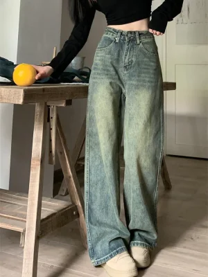 Baggy Wide Leg Jeans Women Vintage Street Wear Washed Denim Pants