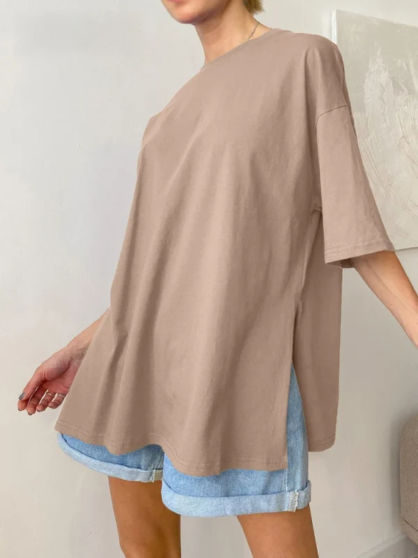 Summer Oversized Cotton T Shirt Women New Loose Solid Split Tees - Image 3