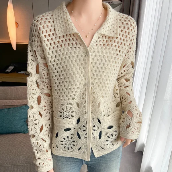 Crochet Embroidery Hollowed Out Transparent Wool Cardigan Women's office Polo - Image 4