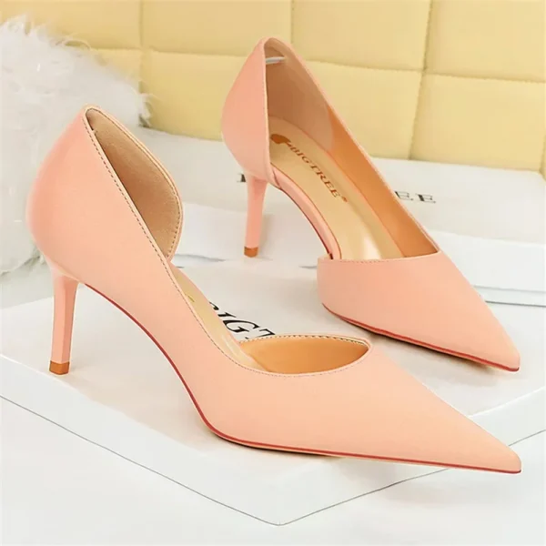 Women 7cm High Heels Hollow Silk Satin Pumps Lady Green - Image 4