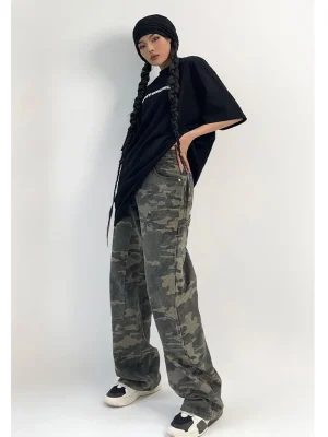 Cargo Pants Women Streetwear Low Rise Jeans Retro Wide Leg Trousers