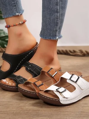 Double Buckle White Wedge Sandals Women Llight weight Summer Platform Slippers