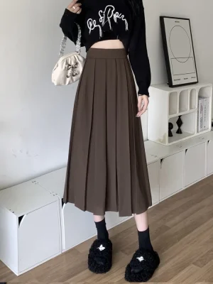 Skirt Women Vintage Korean Fashion Solid High Waist A-line Midi Skirt School