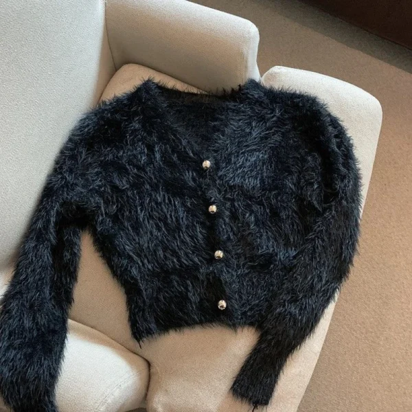 Vintage Cropped Mohair Knitted Cardigan Women V Neck Sweater Coat Streetwear - Image 5