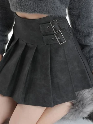 PU High Waist Women Pleated Skirt Fashion Fall Korean Faux Leather Mini Skirt