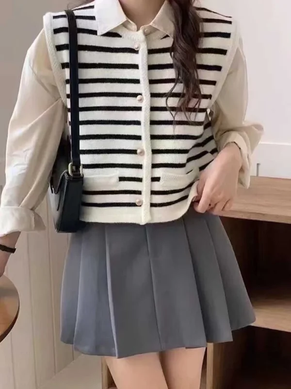 Vintage Striped Cardigan Vest Women Casual  Knitted Sweater - Image 3