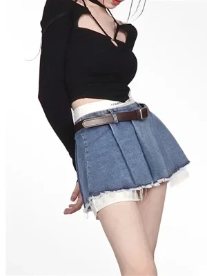 Women High Waist Denim Skirts Summer Korean Fashion Patchwork Mini Skirts