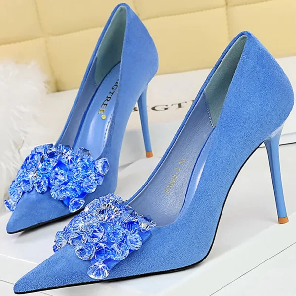 Party Women Pumps 9cm Thin High Heels Flock Shallow Pointed Toe Gemstone Crystal - Image 2