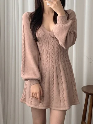 Knitted Dress Women Sexy Slim Lantern Sleeve Sweet Mini Dress Korean Fashion