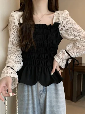 Hollow Out Chic Sweet Blouse Women Elegant Long Sleeve French Vintage Shirt