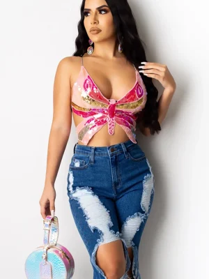 Women Crop Tops Multi Color Bandage Butterfly Sexy Summer Camis Fashion