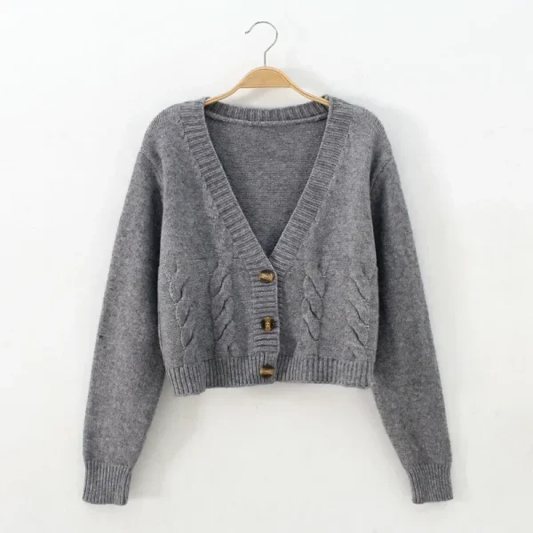 Women Cardigan V Neck Cropped Long Sleeve Twist Knitted Sweater Coats - Image 3