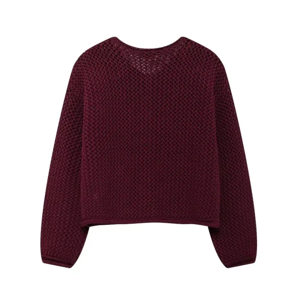 Women Elegant Burgundy Red Cardigan Fashion O Neck Long Sleeve Sweaters - Image 3