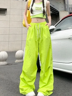 High Waist Summer Cargo Pants Women Streetwear Drawstring Thin