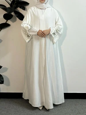 Embroidery Floral Open Front Abaya Muslim Kaftans Long Sleeve Loose Maxi