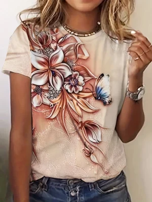 Flower Printed Women’s T-shirt Gift for Mum Street Loose Short Sleeve T-shirt Tops Summer Shirt