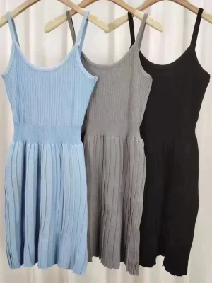 Summer Autumn Fashion Female Striped Elastic A-line Knitted Mini Pleated Dresses