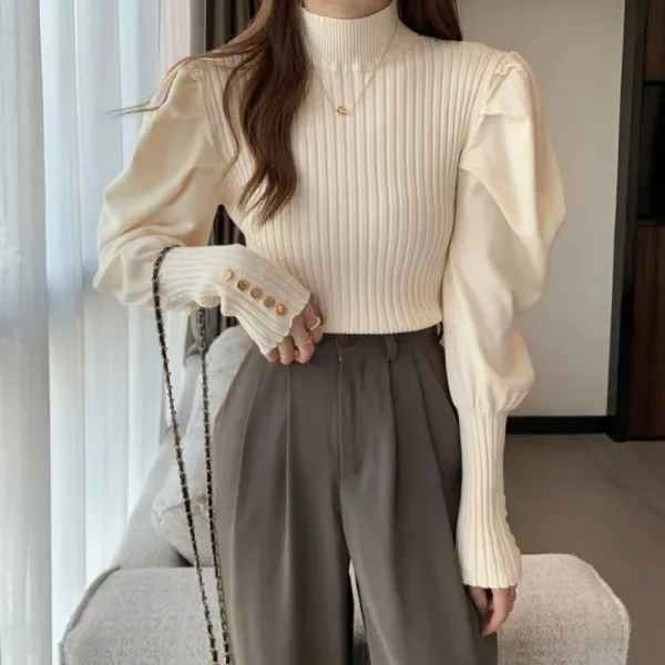 Puff Sleeve Sweaters Women Sweet Long Sleeve Korean Knitted - Image 3