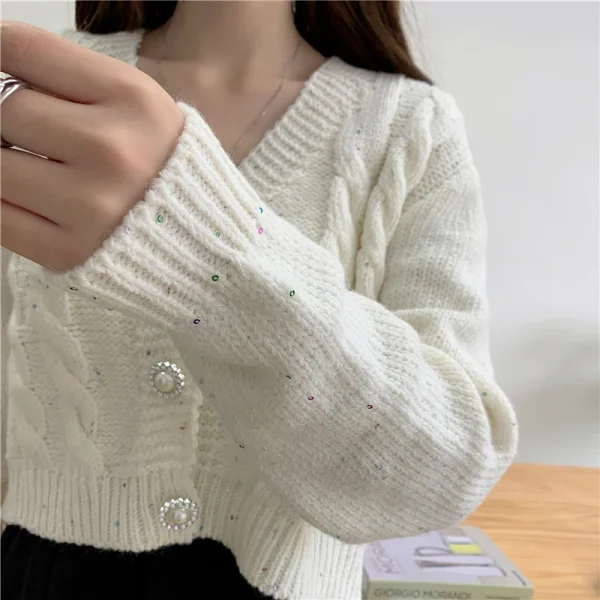 Cardigan Women Sweet Long Sleeve Cropped Elegant Knitted Sweaters Coat - Image 6