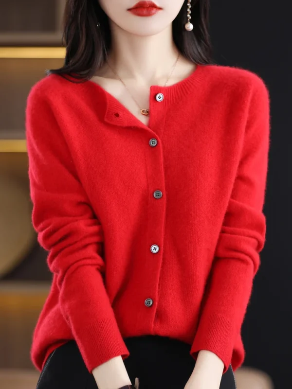 Fashion Spring Merino Wool Womens O-neck Cardigan Cashmere Sweater - Image 3