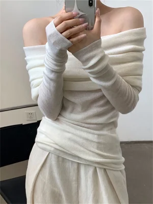 Sexy Women Long Sleeve Sweater Solid Knit Slash Neck Sweater Slim Off Shoulder