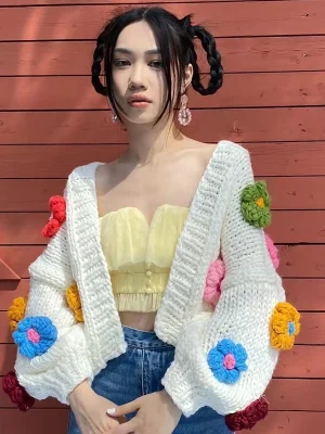 Flower Knitted Cardigan Women Sweet Cute Cropped Sweater Coat