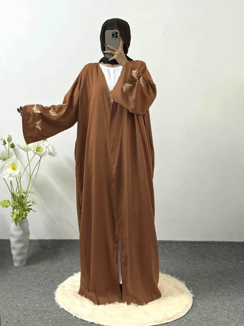 Butterfly Embroidery Open Front Abaya Long Sleeve Maxi Length Dress Women's - Image 8
