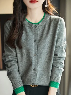 Knitted Cardigan Sweater Women Clothing O-neck Patchwork Female Long Sleeve Tops