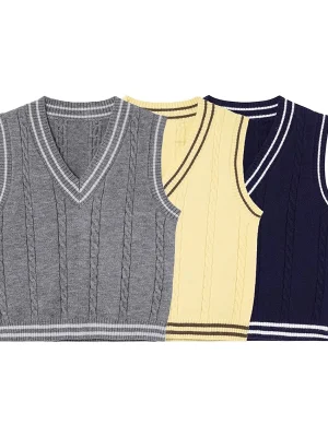 Women Autumn Preppy Style Knitted Vest Striped Vintage Sleeveless Sweater