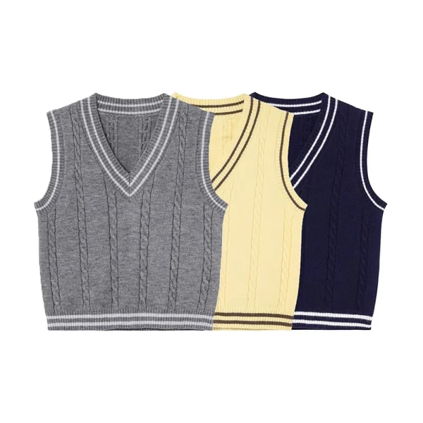 Women Autumn Preppy Style Knitted Vest Striped Vintage Sleeveless Sweater