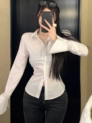 White Shirts Women Streetwear Bandage Crop Tops Spring Korean Fashion