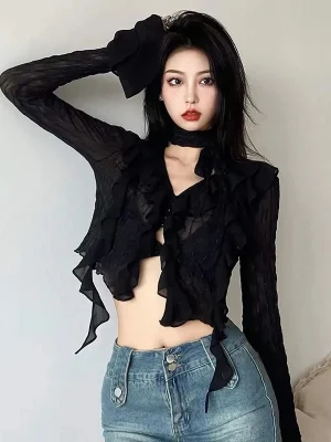 Blouse Women Sexy Cropped V Neck Ruffles Shirt Harajuku Vintage Long Sleeve Slim