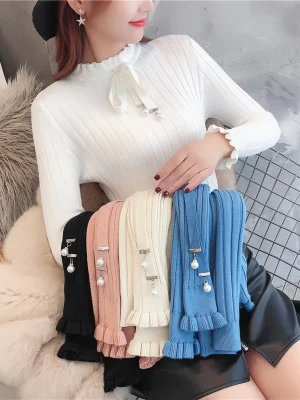 Women Ruffles Sweet Sweaters Korean Fashion Lace Up Slim Knitted