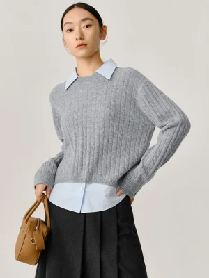 Casual Patchwork Knitted Sweaters Women Turn Down Collar Preppy Style Pullovers