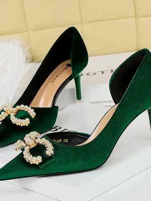 High Heels Velvet Shallow Pointed Toe Side Hollow Crystal Buckle Pearl Butterfly Knots Pumps