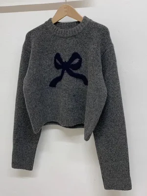 Cute Bow Knitted Sweaters Women Korean Neck Long Sleeve Sweet Pullovers