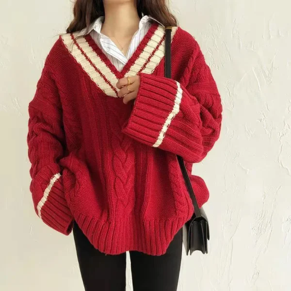 Oversize Sweet Women Sweaters Long Sleeve V Neck Vintage Lazy Wind Knitted - Image 3