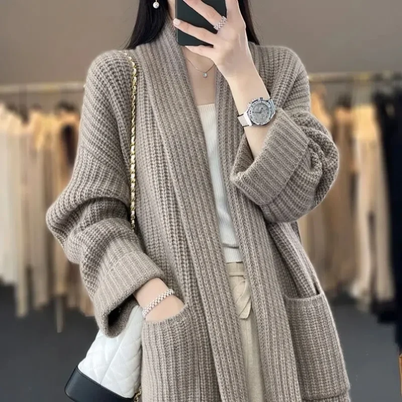 Winter New Korean Version Medium Long V-neck Sweater Women's Coat - Image 5