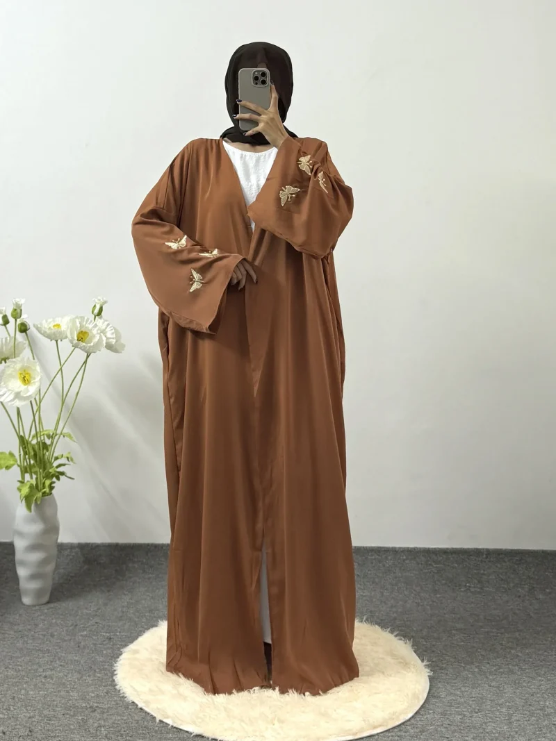 Butterfly Embroidery Open Front Abaya Long Sleeve Maxi Length Dress Women's - Image 9