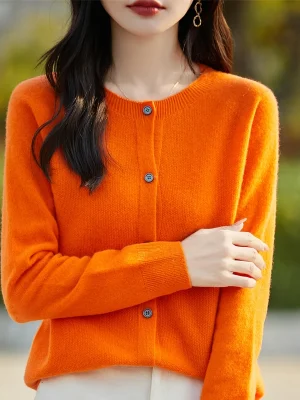 Winter Knitted Round Neck Cardigan Women’s Wool Sweater Women’s 100% Wool Korean