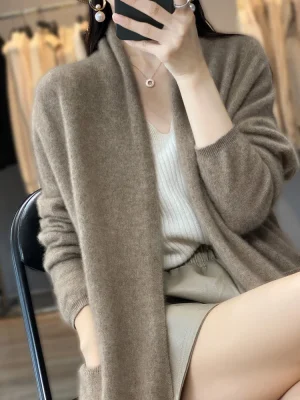 Wool Spring Autumn Women’s Cardigan Long Sleeve Sweater Solid Color Loose Warm