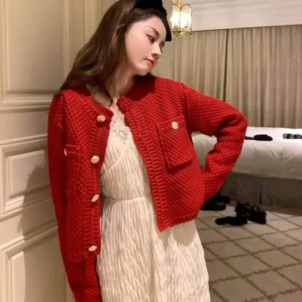 Knitted Cardigan French Vintage Gold Buttons Sweater Women Autumn - Image 5