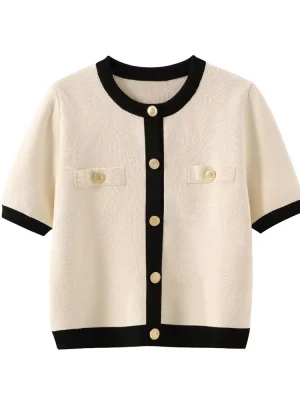 Women’s Knitted Cardigan Sweater with Golden Buttons, O Neck, Short Sleeve