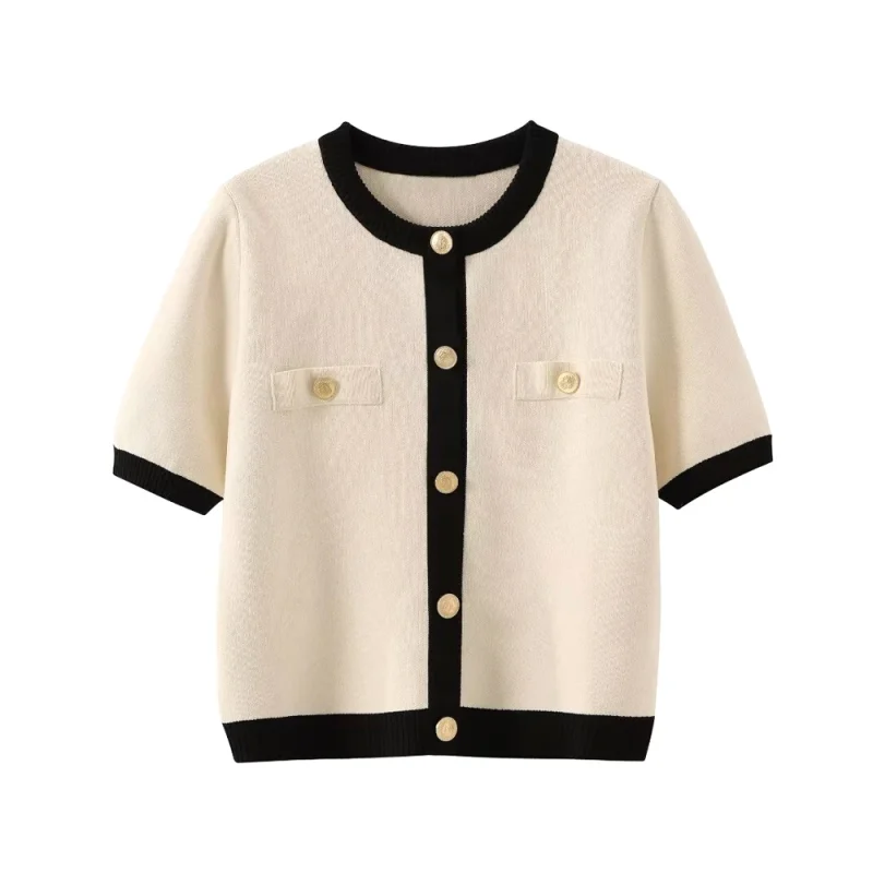 Women's Knitted Cardigan Sweater with Golden Buttons, O Neck, Short Sleeve