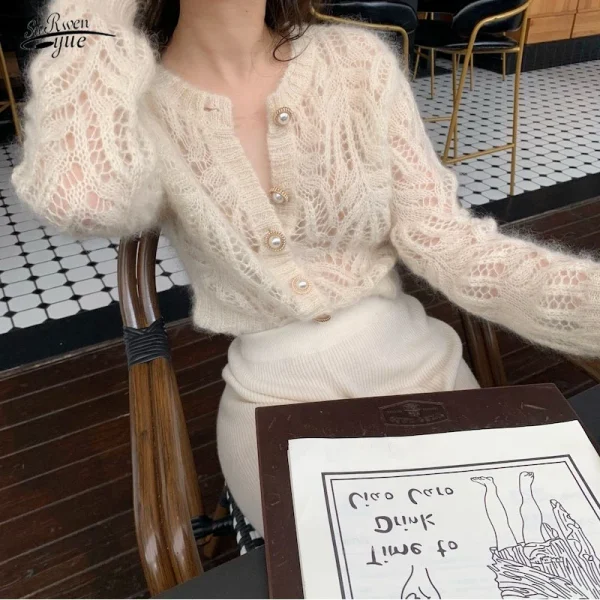 Autumn Openwork Knitted Cardigan French Style Elegant O-neck Mohair Coat Sweater - Image 2