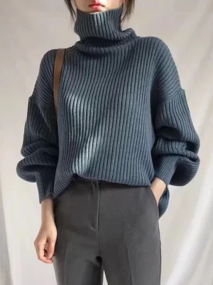 Korean Simple Turtleneck Sweaters Women Lazy Wind Loose Long Sleeve Office Lady