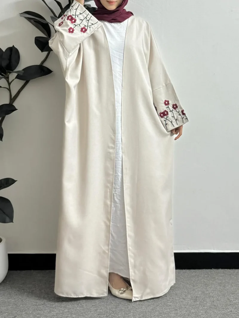 Embroidery Floral Open Front Abaya Women Maxi Length Dress Women's - Image 3