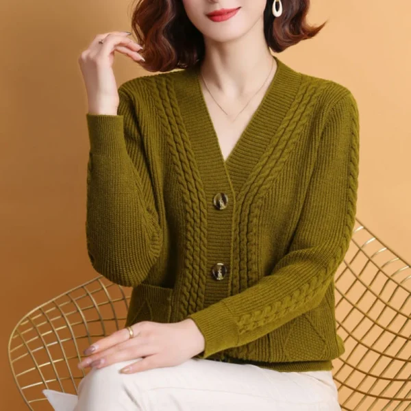 Winter V Neck Knitted Cardigan Women Simple Long Sleeve Twist Sweaters - Image 8